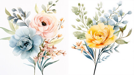 gorgeous light pastel flowers blowing in the wind white background, like watercolor paint