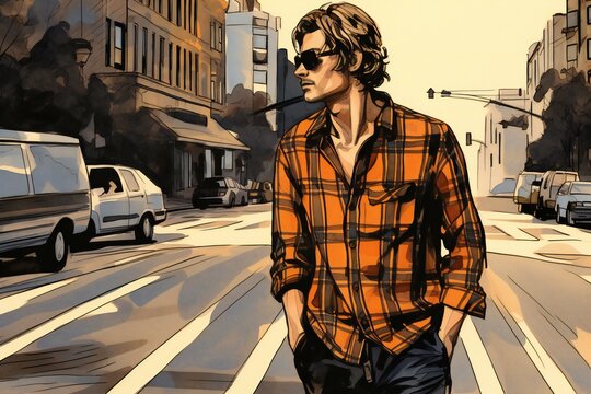 Stylish young man in checkered shirt and sunglasses on a city street