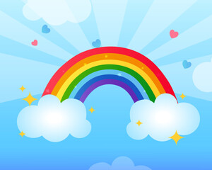 Cute cartoon rainbow with clouds and sparkles isolated on a white background
