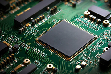 Close up of electronic circuit board. Integrated semiconductor microchip. Generative AI