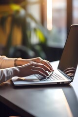 Humans hand typing on laptop keyboard. Blured morning background. Business concept image