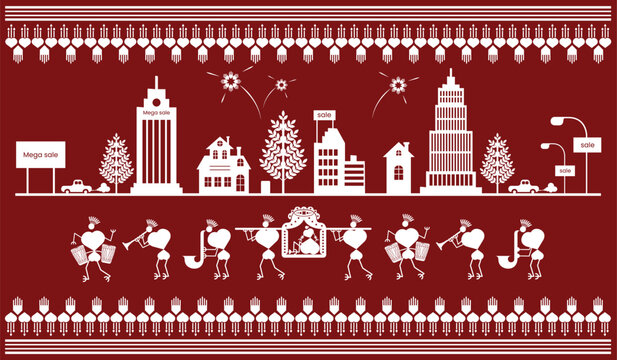 Beautiful warli painting with indian rural life. Rural area with beautiful nature in warli wall painting. Illustration, Vector, Drawing, dang awha, 