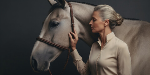 Beautiful Mature Lady Poses with a White Horse Against a Subdued Grey Backdrop, AI generated