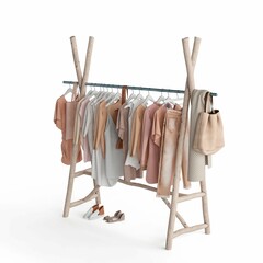 clothes hanging on a wooden rack with cloth and clothing in it