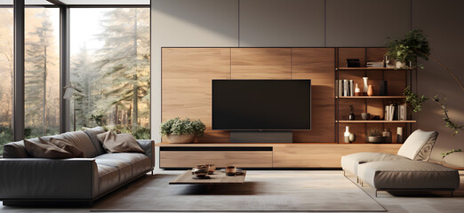 TV is mounted on the wall in the corner of a gray and wooden living room lounge with white corner sof interior