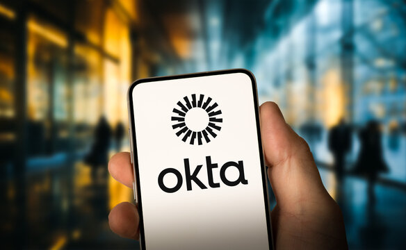 Okta logo displayed on a smartphone