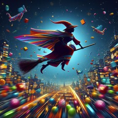 Naklejka premium Witch soaring through a neon-lit cyberpunk cityscape 