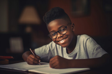 Fototapeta na wymiar Smiling African American child school boy doing classwork, AI generated