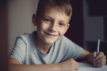 Smiling child school boy doing classwork, AI generated