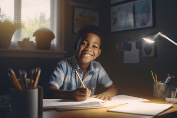 Fototapeta premium Smiling African American child school boy doing classwork, AI generated