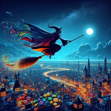 Modern digital art depiction of La Befana, flying with a sack of colorful toys and candies over a cityscape at night, blending tradition with contemporary vibrancy.
