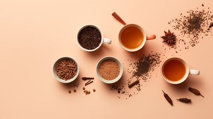 Overhead View of Teacup with Strainer and Tea Leaves on Beige Background