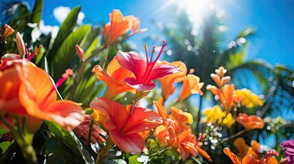 Colorful background image of Tropical Paradise Vibrant Palette Exotic Blossom flowers.