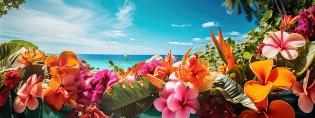 Fototapeta na wymiar Colorful background image of Tropical Paradise Vibrant Palette Exotic Blossom flowers.