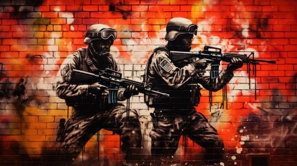 Fototapeta premium Image of a wall spray-painted with graffiti, war stories, stopping the war, soldiers and tanks.