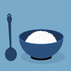 Rice bowl and spoon on blue background vector illustration.