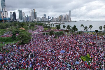Aerial views from over the protesters on Avenida Balboa protesting against the First Quantum Copper mining contract, downtown Panama City, Panama