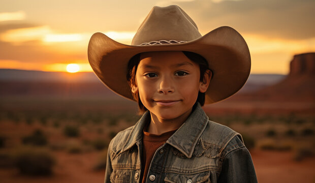 Portrait of a young Native American Indian boy wearing a cowboy hat at sunset in the desert