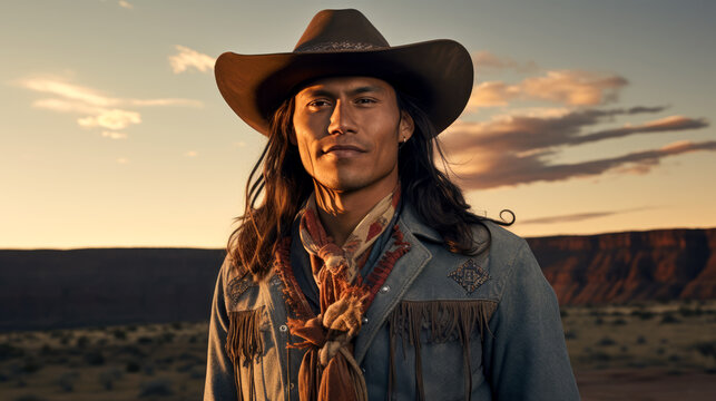 Portrait of a young Native American Indian man wearing a cowboy hat in the desert