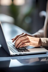 Humans hand typing on laptop keyboard. Blured morning background. Business concept image