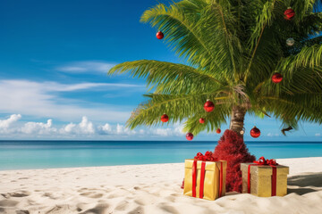A decorated christmas tree on a tropical beach. Seasonal festive winter travel vacation