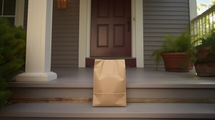 Food goods grocery bag standing near front door doorstep delivery wallpaper background