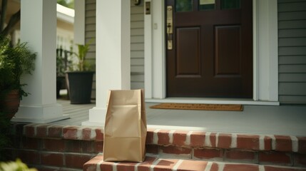 Food goods grocery bag standing near front door doorstep delivery wallpaper background