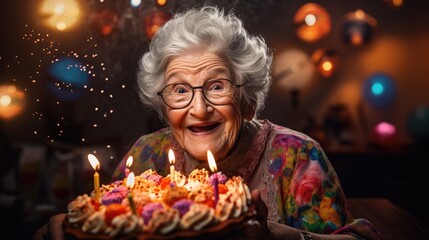 Happy grandma old woman celebrating birthday party with cake wallpaper background - obrazy, fototapety, plakaty