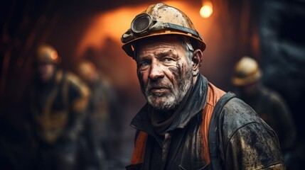 Fototapeta na wymiar Hard working miners working underground mineral factory wallpaper background