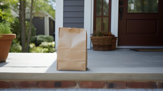 Food goods grocery bag standing near front door doorstep delivery wallpaper background