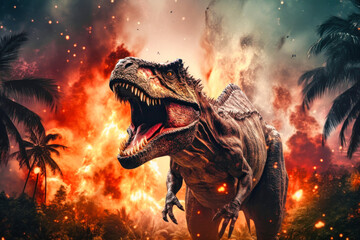Tyrannosaurus T-rex ,dinosaur on smoke and fire background. Global catastrophe. A dinosaur escapes from the flames.