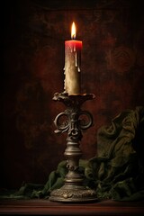 Candle burning in vintage decorative candleholder. Generative Ai - obrazy, fototapety, plakaty