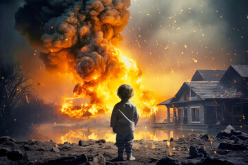 A small child against the background of an explosion and fire. War. A child looks at the fire and destruction of his house.