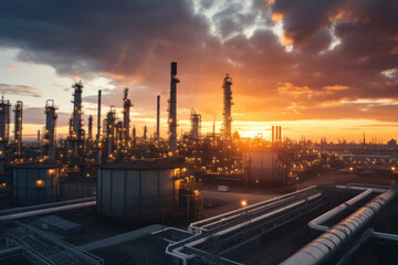 Oil refinery plant from industry zone, Aerial view oil and gas industrial, Refinery factory oil storage tank and pipeline steel at sunset. Smoke from the pipes.