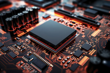 Fototapeta na wymiar A powerful computer processor or chip on a motherboard. Modern technologies. Red background. Modern electronics production.