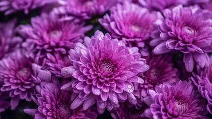 Purple chrysanthemum flowers with water droplets. Mother's day concept with a space for a text. Valentine day concept with a copy space.