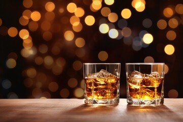 winter banner mockup with two glasses of whiskey and christmas lighting - obrazy, fototapety, plakaty