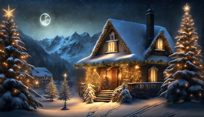 christmas landscape, exterior, house, pine trees, snow