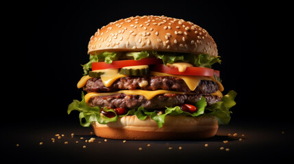 Cheeseburger with beef, tomato and cheese on black background