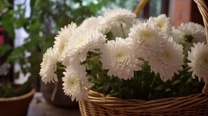 White chrysanthemums in a basket on the windowsill