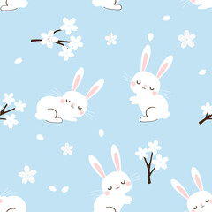 Seamless pattern with cherry blossom Sakura flower and bunny rabbit cartoon on blue background vector illustration.