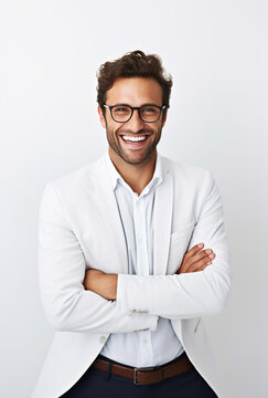 Happy smile businessman on a white background in the studio, white business professional. For art texture, presentation design or web design and web background. Generative AI.