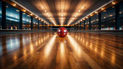 Bowling ball on wooden bowling alley at the club, For presentation design or web design and web background. Generative AI. - obrazy, fototapety, plakaty