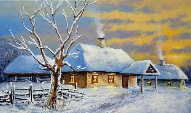 Oil paintings winter landscape, rural landscape, old house in the snow. Artwork, oil paint