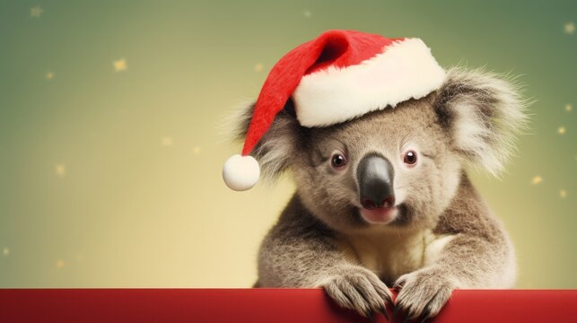 A portrait of a koala wearing a Santa Claus hat and holds a blank red billboard. Empty space for text. Copy space. Light pastel yellow background.