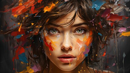 AI generated illustration of a painting of a female face with bursts of color © Wirestock