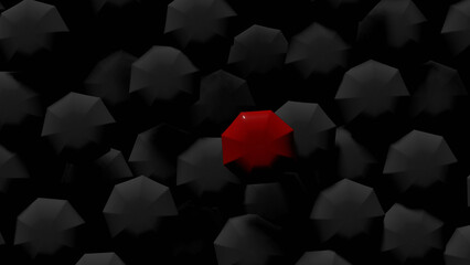 A red umbrella (top view) among crowd gray umbrella in a street (3D Rendering) - obrazy, fototapety, plakaty