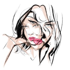 Artistic illustration of a portrait of beautiful girls and women with pink lips close-up superimposed on each other