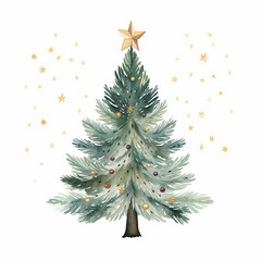 Fototapeta premium Watercolor Christmas tree with star, hand draw illustration on white background