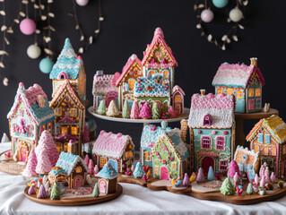 Whimsical gingerbread village with colorful icing and candy accents